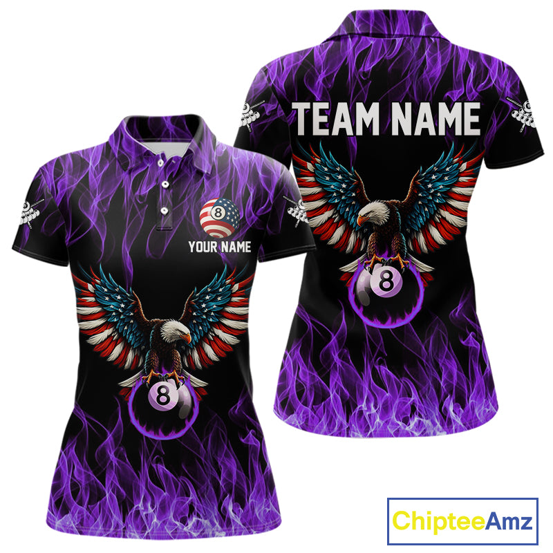Purple Flaming American Flag Eagle 8 Ball Billiard Shirt For Women Custom Patriotic Pool Team Jersey TDM5588