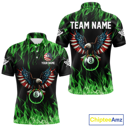Green Flaming American Flag Eagle 8 Ball Billiard Shirt For Men Custom Patriotic Pool Team Jersey TDM5589