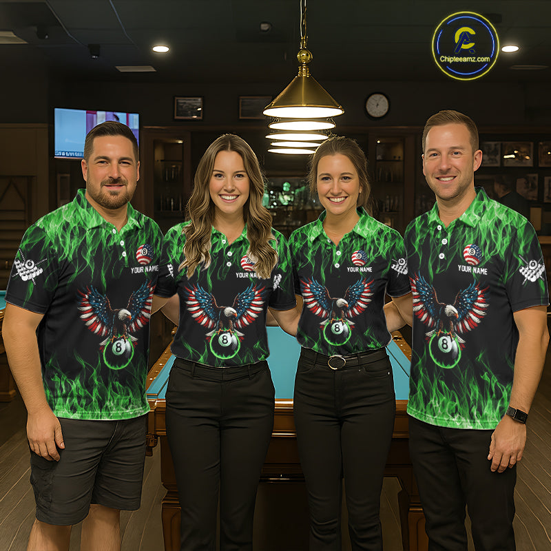 Green Flaming American Flag Eagle 8 Ball Billiard Shirt For Men Custom Patriotic Pool Team Jersey TDM5589