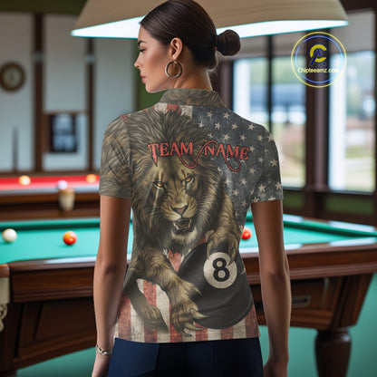 Personalized Vintage American Flag Lion Billiard Shirt For Women, 8 Ball Pool Billiard Team Jerseys TDM5591