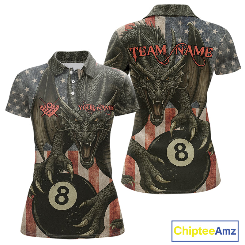 Personalized Vintage American Flag Dragon Billiard Shirt For Women, 8 Ball Pool Billiard Team Jerseys TDM5592