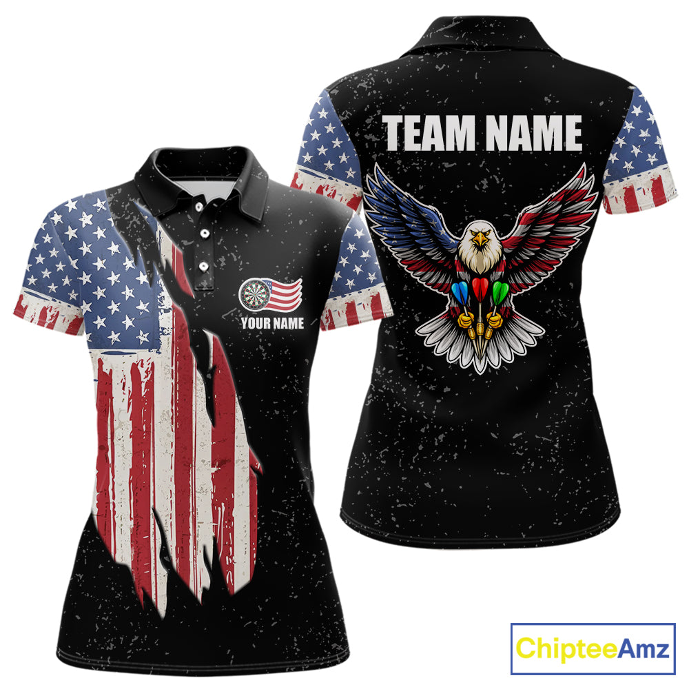 Personalized Grunge US Flag Eagle Darts Shirt For Women, Patriotic Darts Team Jersey Polo & 1/4 Zip TDM5831