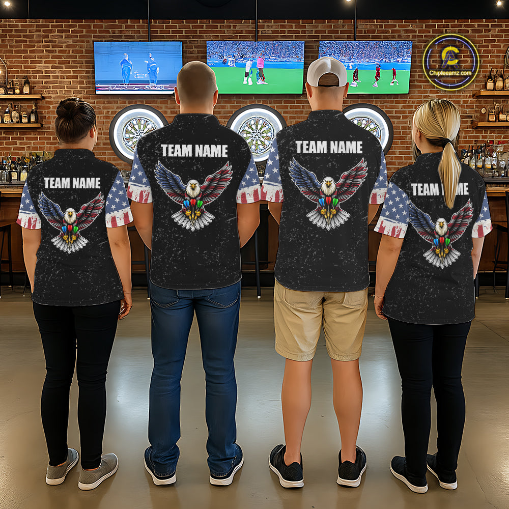 Personalized Grunge US Flag Eagle Darts Shirt For Men, Patriotic Darts Team Jersey Polo & 1/4 Zip TDM5831