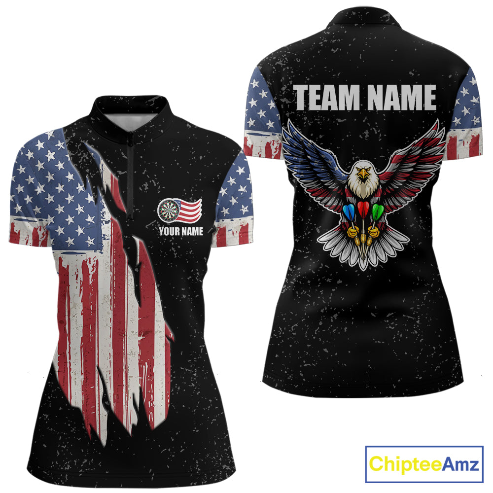 Personalized Grunge US Flag Eagle Darts Shirt For Women, Patriotic Darts Team Jersey Polo & 1/4 Zip TDM5831