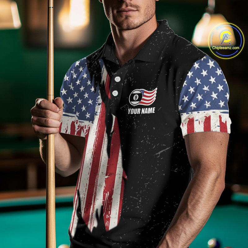 Personalized Grunge American Flag Men's Billiard Shirt Custom 9 Ball Pool Billiard Team Jersey TDM5832
