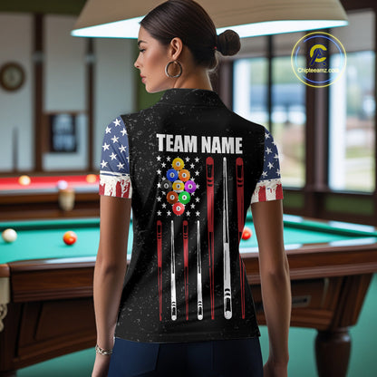 Personalized Grunge American Flag Women's Billiard Shirt Custom 9 Ball Pool Billiard Team Jersey TDM5832