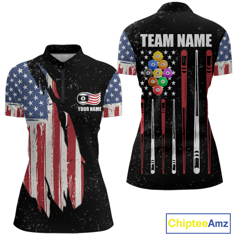 Personalized Grunge American Flag Women's Billiard Shirt Custom 9 Ball Pool Billiard Team Jersey TDM5832