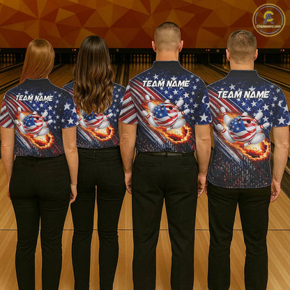 American Flag Fire Patriotic Bowling Shirt For Men Custom Bowling Team Jersey Polo & 1/4 Zip TDM6204