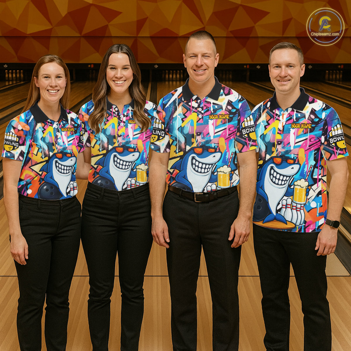 Funny Shark Colorful Graffiti Bowling Shirts For Men, Best Bowling Team Jersey Polo & 1/4 Zip TDM6208