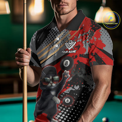 Custom Red Funny Cat Billiard Shirt For Men, Personalized 8 Ball Pool Team Jersey Polo & 1/4 Zip TDM6441
