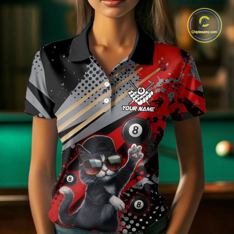 Custom Red Funny Cat Billiard Shirt For Women, Personalized 8 Ball Pool Team Jersey Polo & 1/4 Zip TDM6441