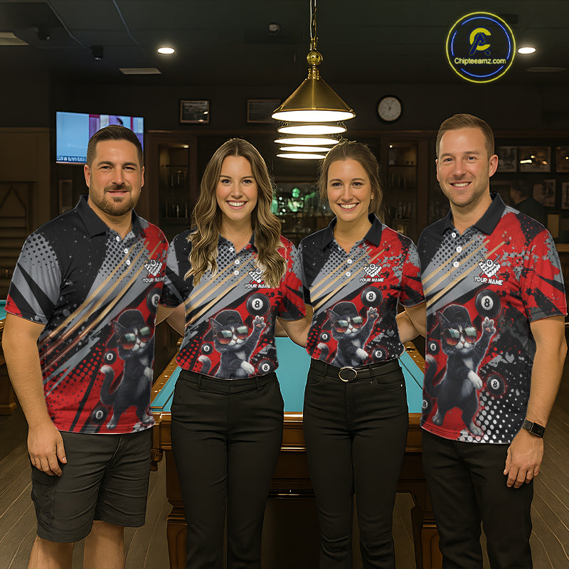 Custom Red Funny Cat Billiard Shirt For Women, Personalized 8 Ball Pool Team Jersey Polo & 1/4 Zip TDM6441