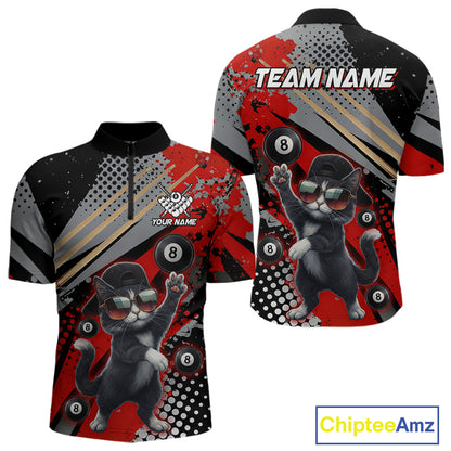 Custom Red Funny Cat Billiard Shirt For Men, Personalized 8 Ball Pool Team Jersey Polo & 1/4 Zip TDM6441
