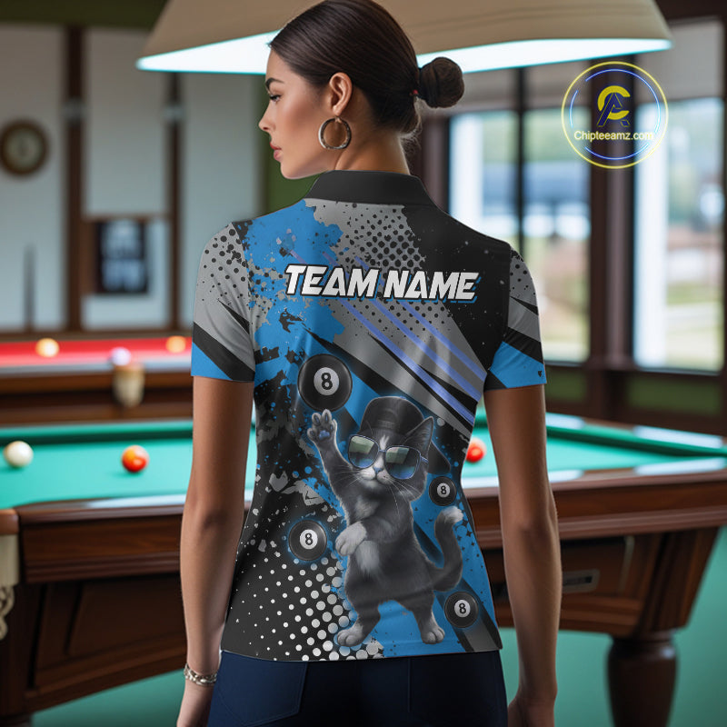 Custom Blue Funny Cat Billiard Shirt For Women, Personalized 8 Ball Pool Team Jersey Polo & 1/4 Zip TDM6442