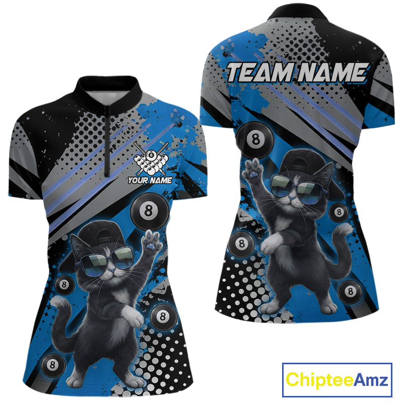 Custom Blue Funny Cat Billiard Shirt For Women, Personalized 8 Ball Pool Team Jersey Polo & 1/4 Zip TDM6442