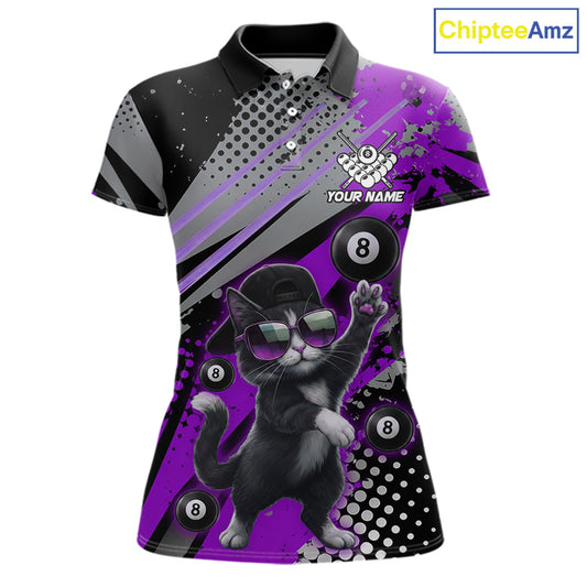 Custom Purple Funny Cat Billiard Shirt For Women, Personalized 8 Ball Pool Team Jersey Polo & 1/4 Zip TDM6443