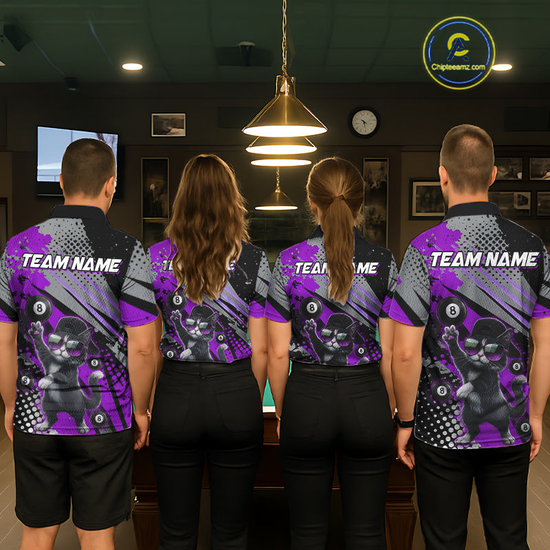 Custom Purple Funny Cat Billiard Shirt For Women, Personalized 8 Ball Pool Team Jersey Polo & 1/4 Zip TDM6443