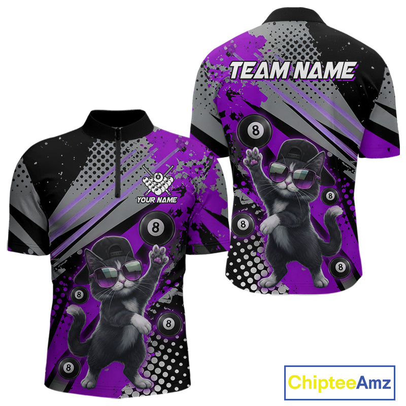 Custom Purple Funny Cat Billiard Shirt For Men, Personalized 8 Ball Pool Team Jersey Polo & 1/4 Zip TDM6443