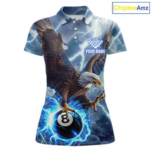 Load image into Gallery viewer, Women’s blue thunder eagle billiard polo shirt with lightning graphics for pool league players.