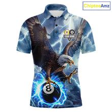 Load image into Gallery viewer, Custom blue lightning eagle pool jersey for men with patriotic billiard artwork.