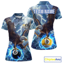 Load image into Gallery viewer, Women’s blue lightning eagle billiard polo shirt with 8 ball and 9 ball graphics for league players.
