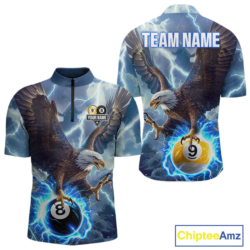 Men’s blue lightning eagle billiard quarter zip shirt designed for tournaments and team play.