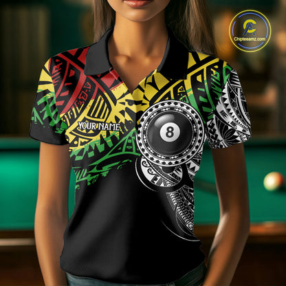 Woman wearing a tribal 8 ball billiard jersey beside a pool table front view.