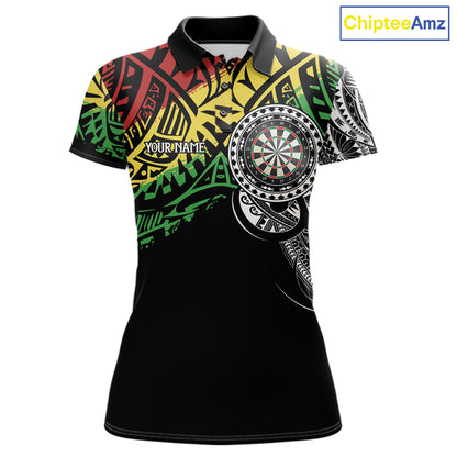 Women’s tribal pattern darts polo shirt with personalized team details for league and tournament play.