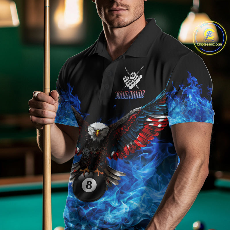 Man wearing a blue flame smoke eagle skull billiard jersey beside a pool table front view.