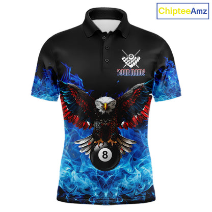 Custom blue flame smoke pool jersey for men with eagle skull artwork and league style.