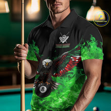 Load image into Gallery viewer, Man wearing a green flame eagle skull billiard jersey beside a pool table front view.