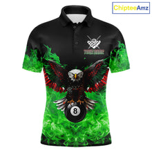 Load image into Gallery viewer, Custom green flame eagle skull billiard jersey for men designed for league and tournament play.