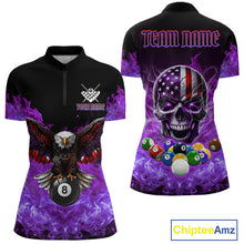 Load image into Gallery viewer, Women’s purple flame eagle skull billiard quarter zip shirt designed for tournaments and league nights.