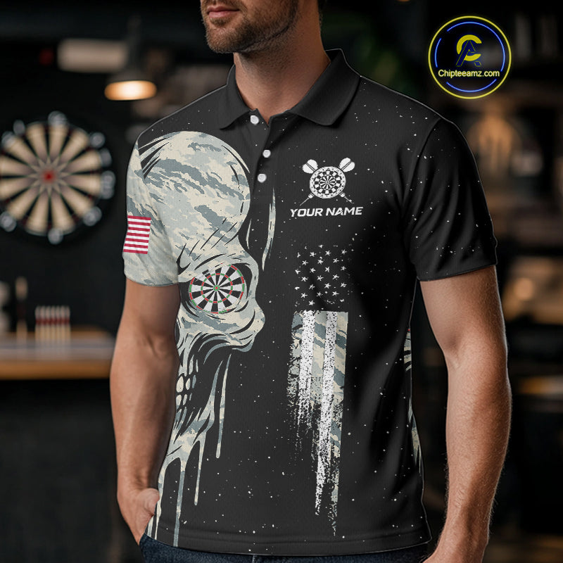 Grunge Camo Skull American Flag Dart Shirt For Men Custom Patriotic Dart Jersey Team Polo & 1/4 Zip TDM4277