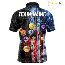 Load image into Gallery viewer, Patriotic smoke American flag 8 ball custom billiard polo shirt for men with USA graphics.