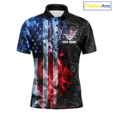 Load image into Gallery viewer, Smoke American flag 8 ball billiard polo shirt for men, custom patriotic pool team jersey.
