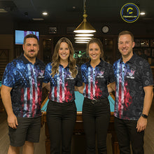 Load image into Gallery viewer, Pool team wearing matching smoke American flag 8 ball billiard jerseys front view.