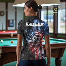 Load image into Gallery viewer, Back view of woman wearing a smoke American flag 8 ball pool team jersey.