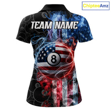 Load image into Gallery viewer, Patriotic smoke American flag 8 ball pool custom billiard polo shirt for women.