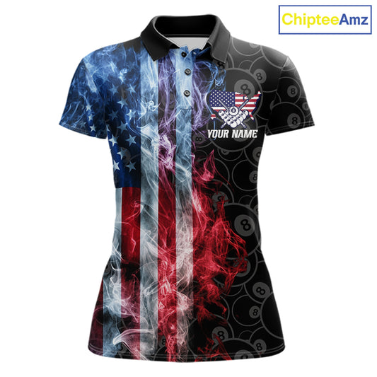 Smoke American flag 8 ball pool billiard polo shirt for women, custom patriotic pool team jersey.