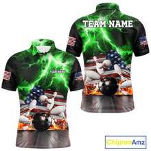 Load image into Gallery viewer, Green lightning thunder American flag bowling team polo shirt for men, patriotic bowling jersey design.