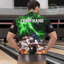 Load image into Gallery viewer, Man wearing green lightning thunder American flag bowling quarter zip shirt back view.