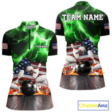 Load image into Gallery viewer, Green lightning thunder American flag bowling quarter zip shirt for women, custom league team jersey.