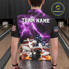 Load image into Gallery viewer, Man wearing purple lightning thunder American flag bowling polo shirt back view.