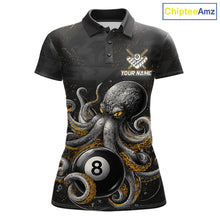 Load image into Gallery viewer, Personalized funny octopus 9 ball billiard polo shirt for women, custom pool team jersey apparel.