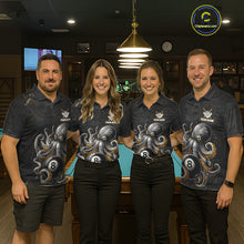 Load image into Gallery viewer, Back view of pool team wearing matching funny octopus 8 ball billiard shirts.