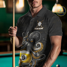 Load image into Gallery viewer, Man wearing a funny octopus 9 ball billiard jersey front view.