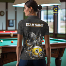 Load image into Gallery viewer, Back view of woman wearing a funny octopus 9 ball pool team jersey.