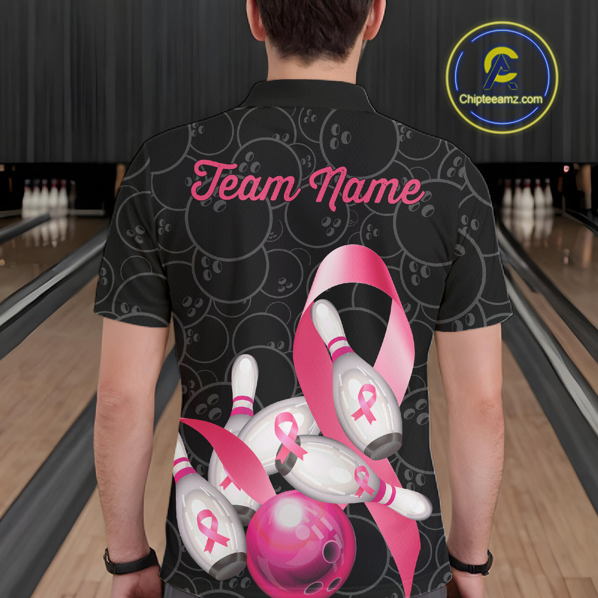 Man wearing pink ribbon breast cancer awareness bowling team jersey polo shirt featuring pink ribbon artwork, back view.