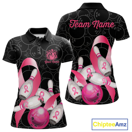 Pink ribbon breast cancer awareness bowling team jersey polo shirt for women featuring pink ribbon artwork, premium custom bowling league apparel for tournaments and team play.